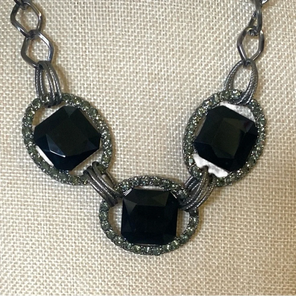 Black Faceted Crystal Statement Necklace Gunmetal Olivine Rhinestone Bib